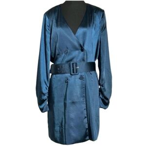 NWT XL COAT SKIES ARE BLUE JACKET SHINY SATIN LIKE BELTED BLUE NEW
